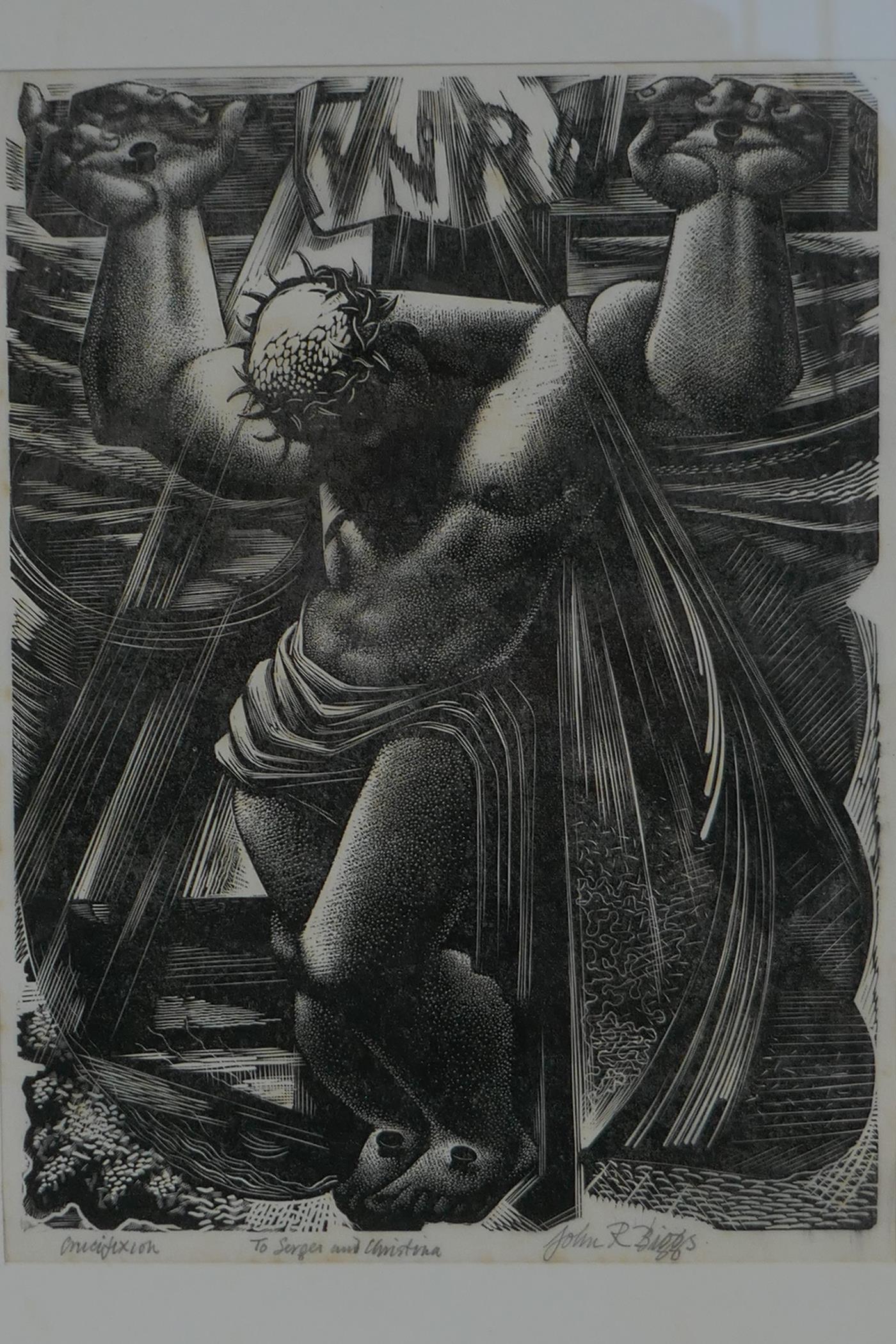 John R. Biggs, Crucifixion, signed woodcut print, 24 x 17cm