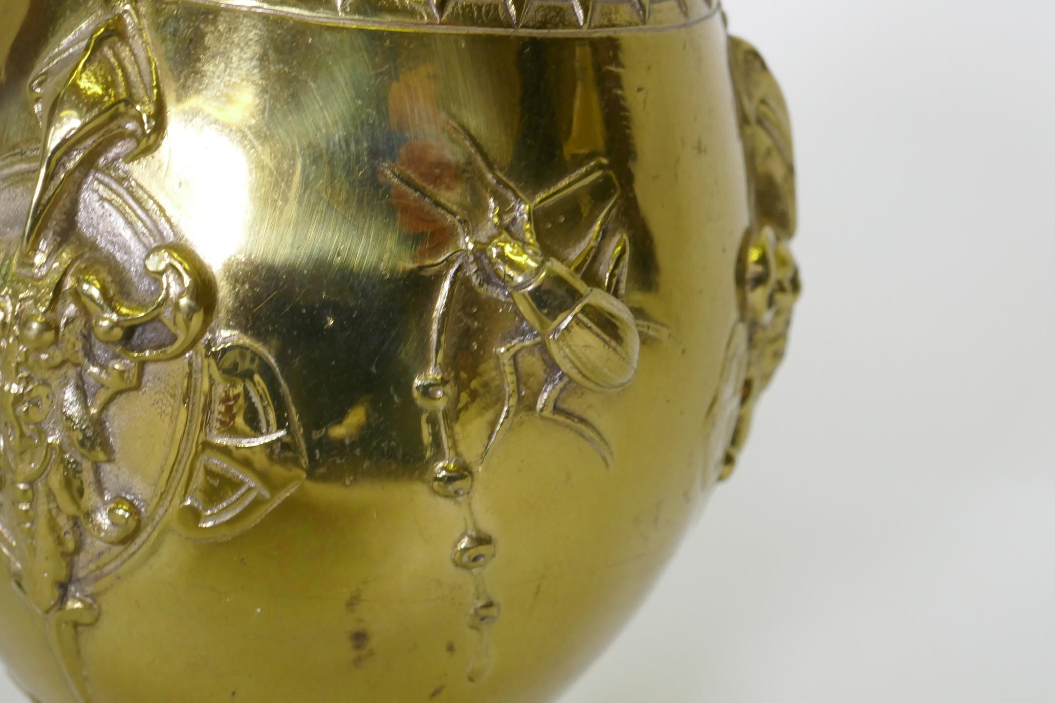 After August Cain, silver and gilt plated urn and cover, with stork finial, with raised decoration - Image 3 of 6