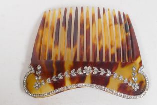 An antique tortoiseshell hair slide set with diamonds, in bespoke case, 10cm wide