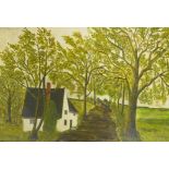 Naive landscape, cottage by an avenue of trees, oil on board, unsigned, early C20th, 35 x 27cm