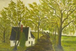 Naive landscape, cottage by an avenue of trees, oil on board, unsigned, early C20th, 35 x 27cm