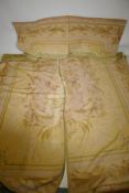 A pair of antique Aubusson lined drapes/curtains with pelmet, drop 280cm, each 120cm wide, pelmet