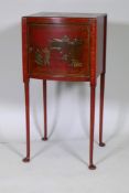 An antique Georgian style red lacquer pot cupboard with raised and gilded chinoiserie decoration,