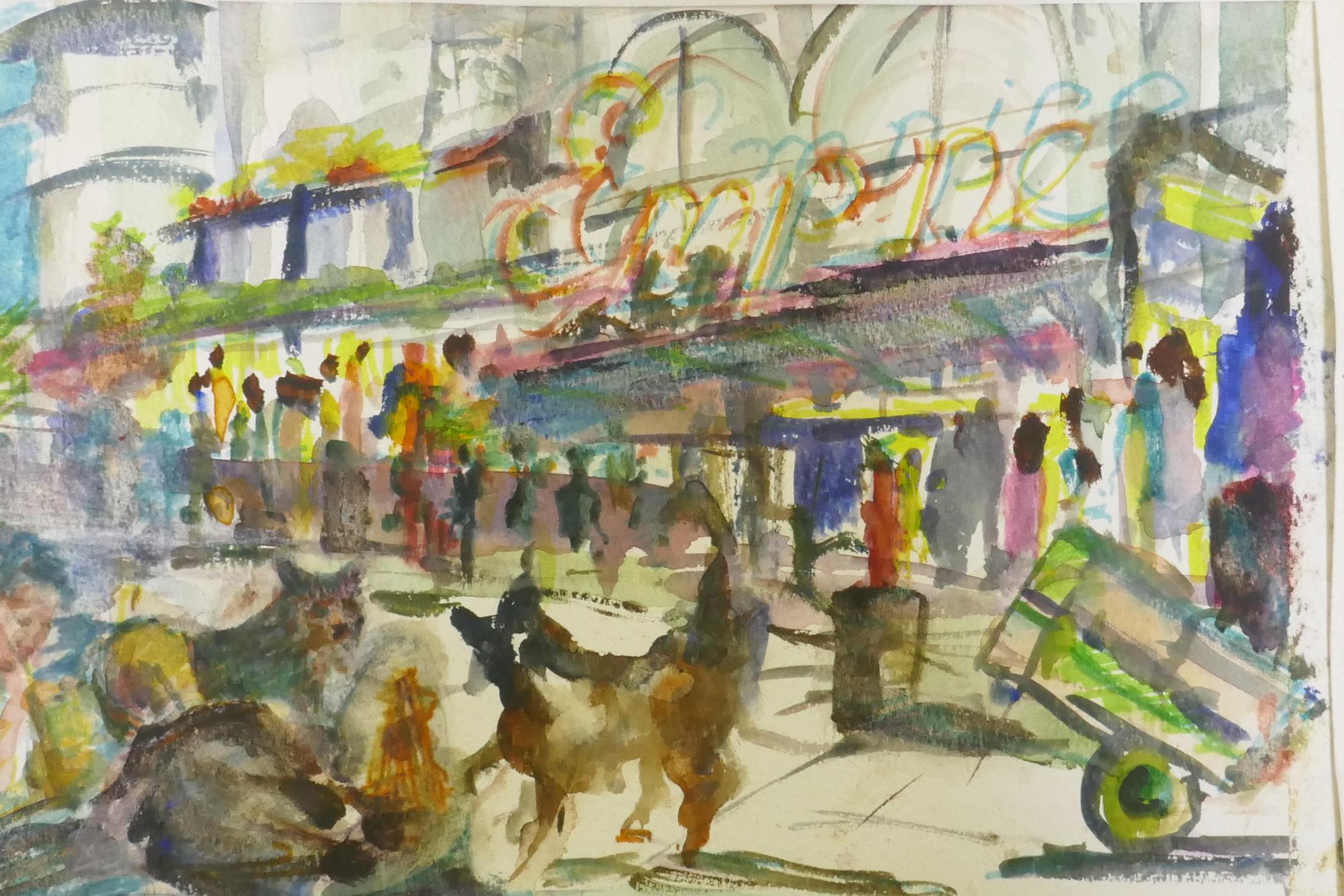 Leicester Square, The Homeless at the Empire '92, unsigned, watercolour, 20 x 28cm