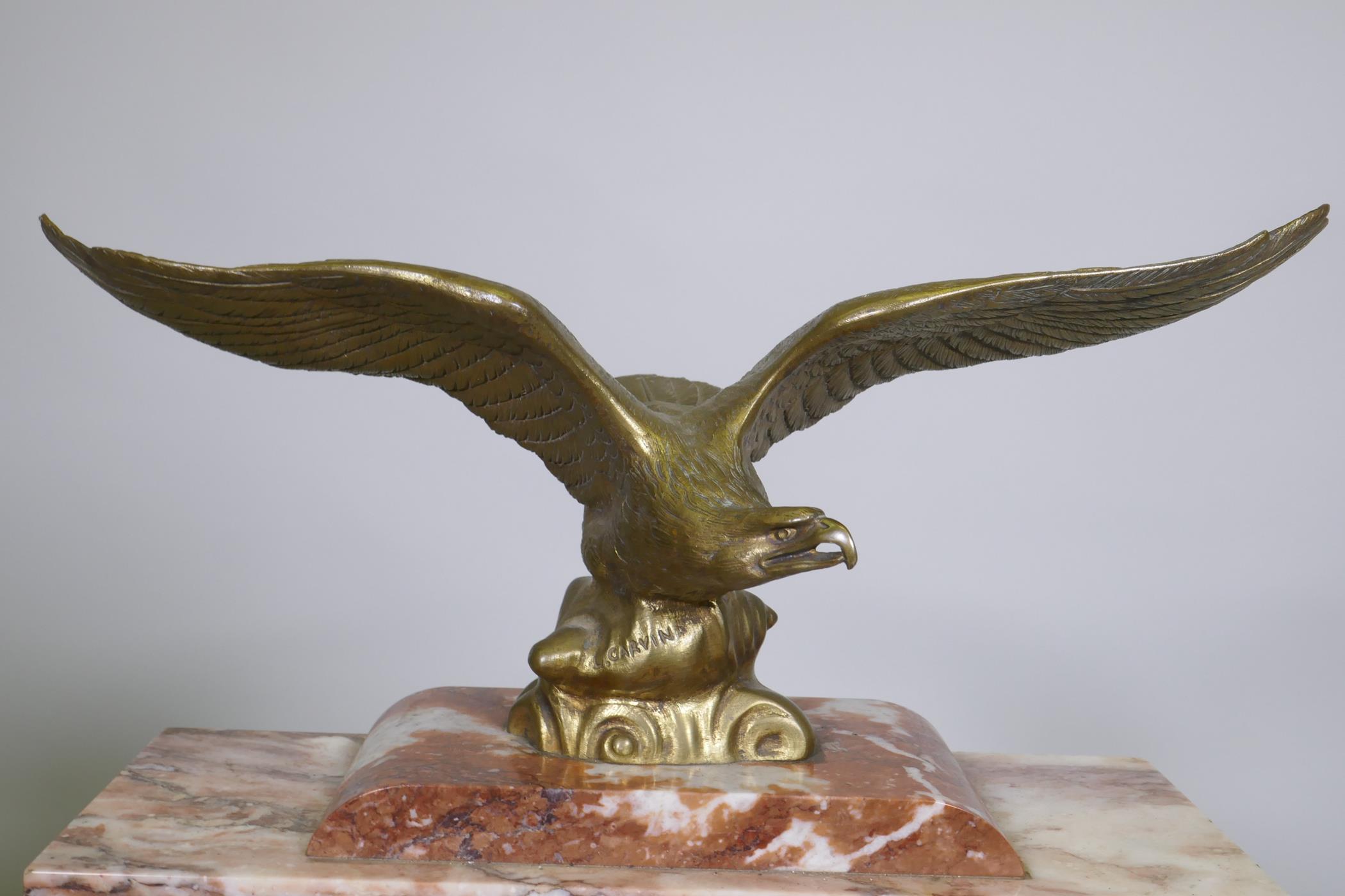 A C19th French rouge marble clock with bronze mounts, the case surmounted by an eagle signed L. - Image 4 of 8