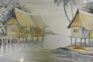 S.M. Tan, oriental scene with village huts on stilts, signed, watercolour, mid C20th, 36 x 27cm