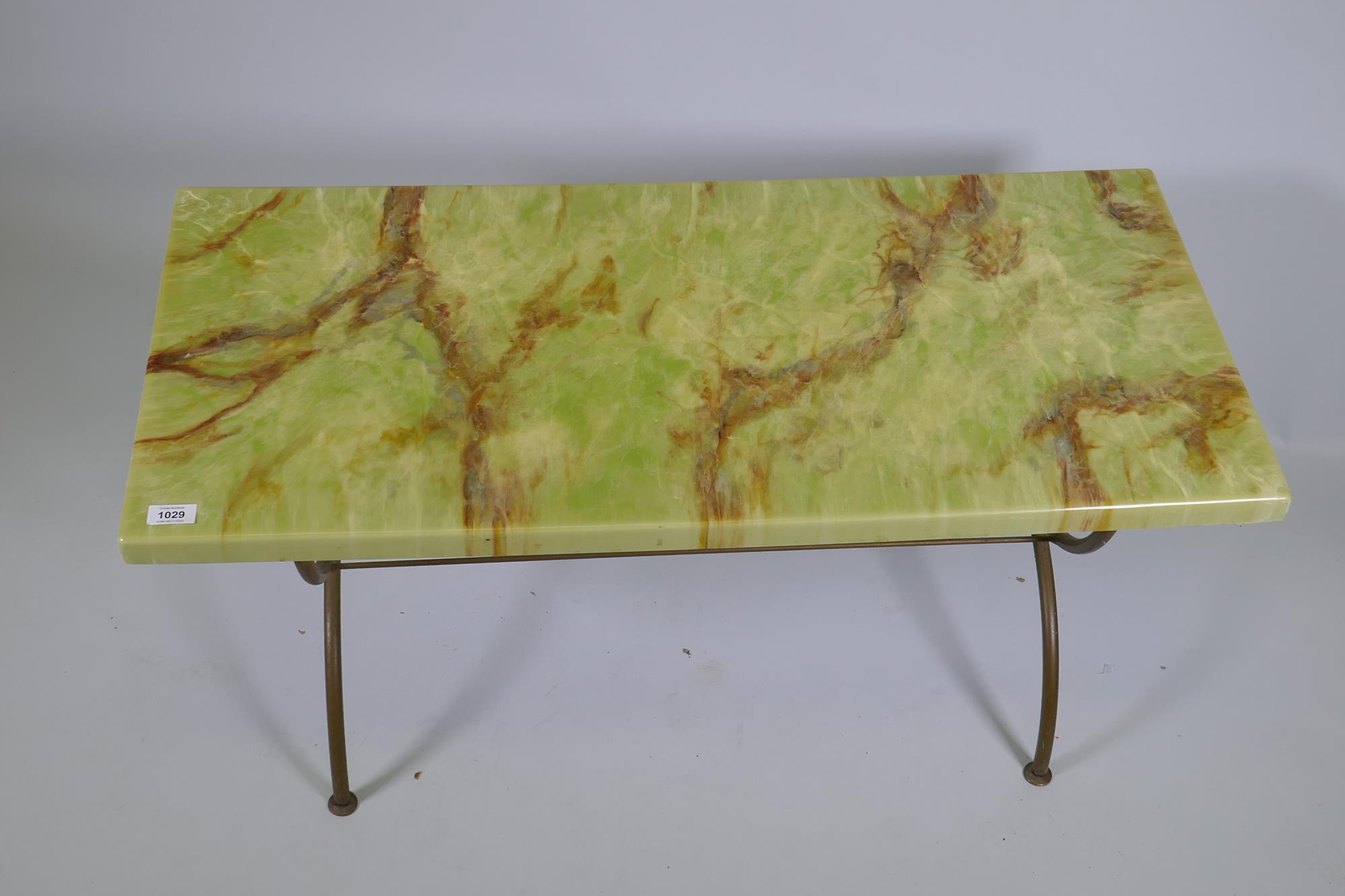 A vintage brass and simulated onyx coffee table, 98 x 44cm, 44cm high - Image 2 of 4