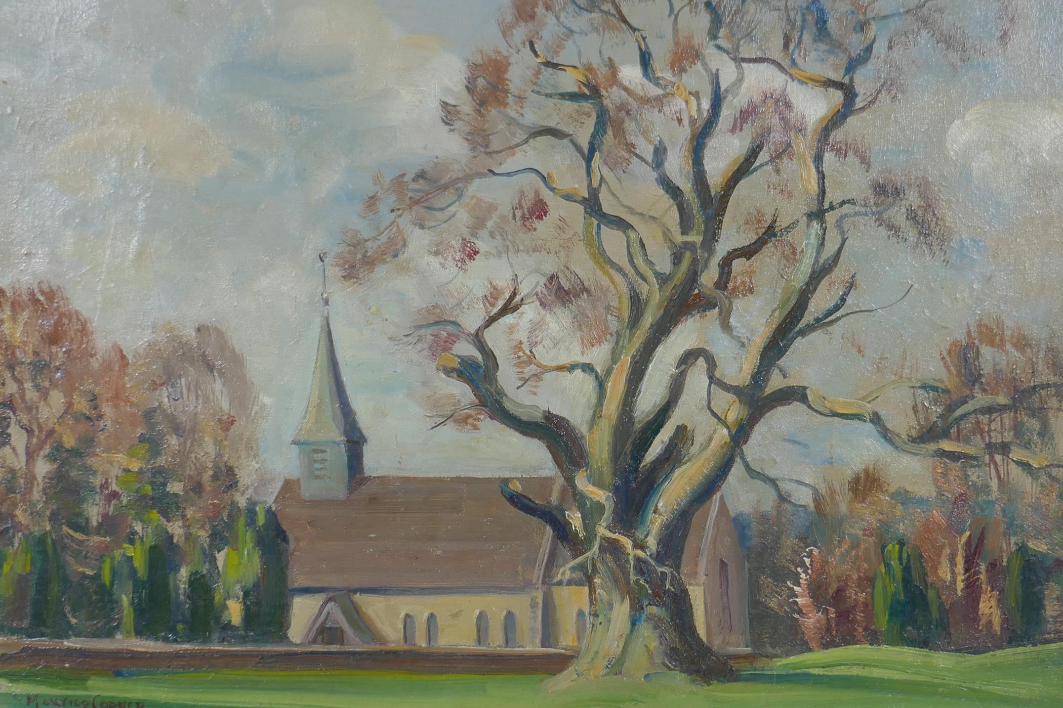 Maurice Codner, (British, 1888-1959), Woodmancote Church, oil on canvas board, 46 x 36cm