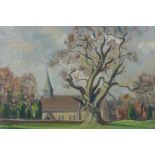 Maurice Codner, (British, 1888-1959), Woodmancote Church, oil on canvas board, 46 x 36cm