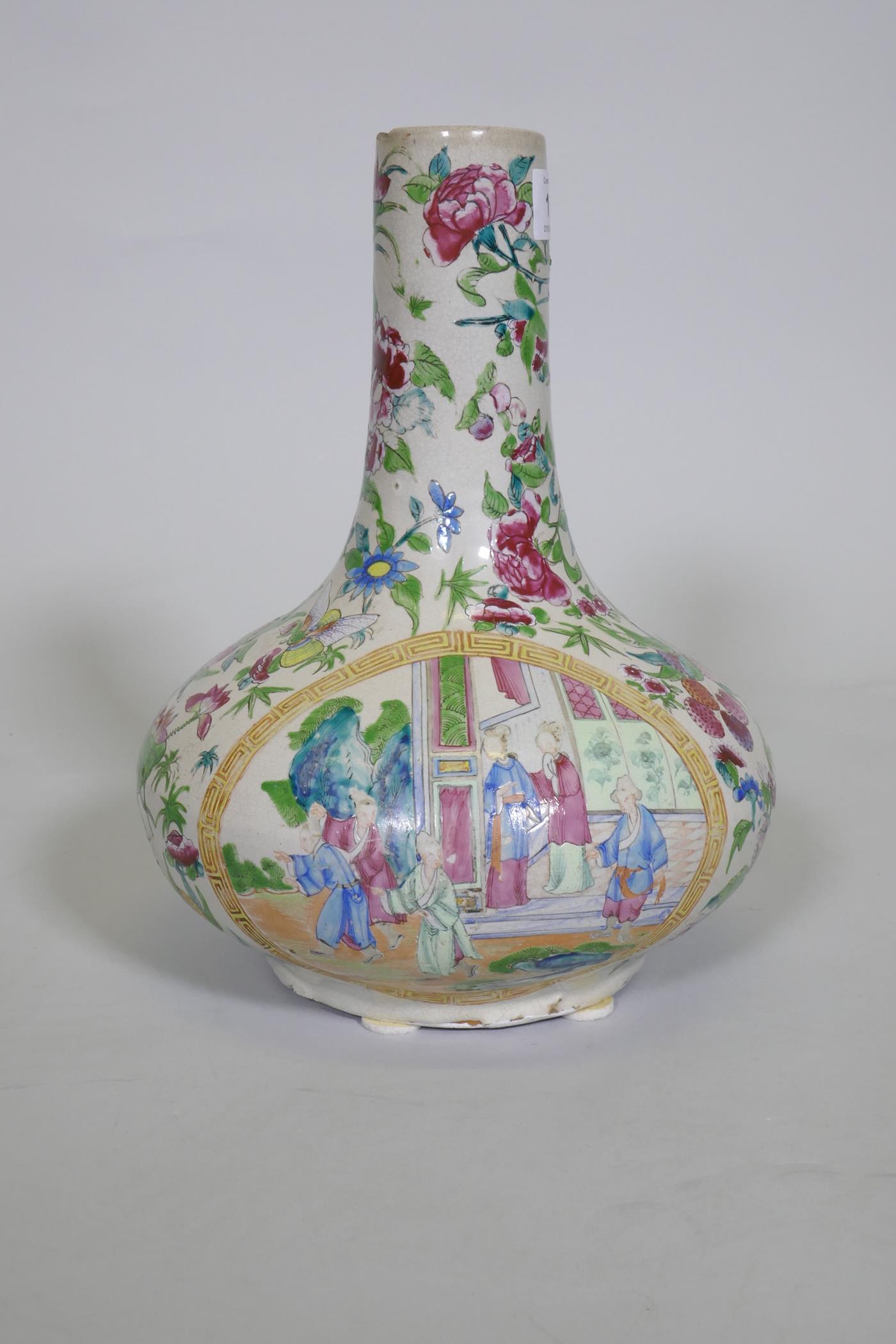 A Cantonese ceramic vase with famille rose decoration, drilled to side, chip to rim, probably - Image 3 of 11