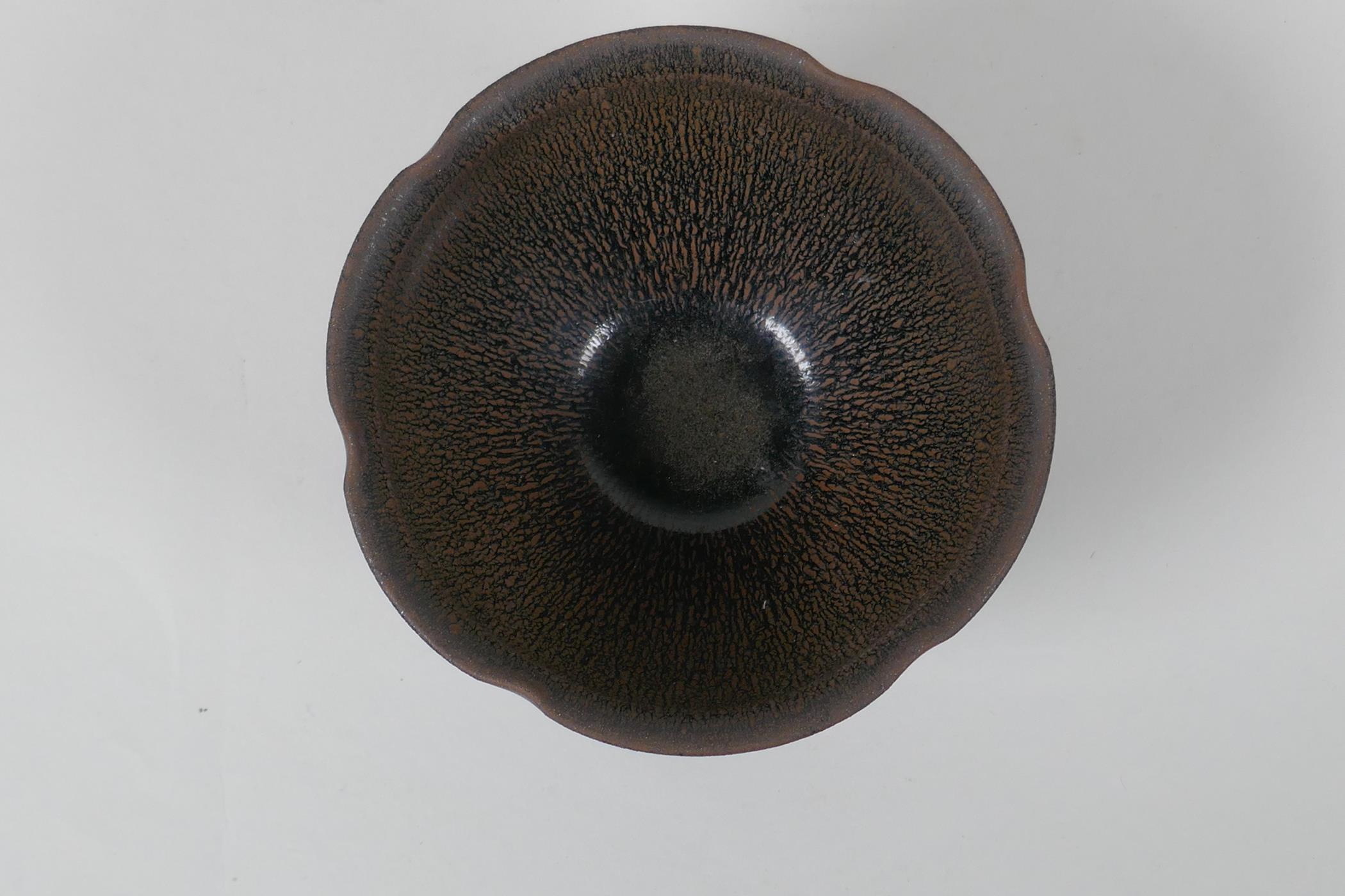 A Chinese Jian ware rice bowl/tea bowl, with lobed rim and hares fur glaze, indistinct mark to base, - Image 2 of 4