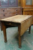 A C19th pine drop leaf scullery table, with single end drawer, 107 x 65 x 72cm