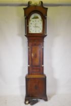 C19th Welsh oak long case clock, the inlaid case with brass mounts, arched dial, decorated with a