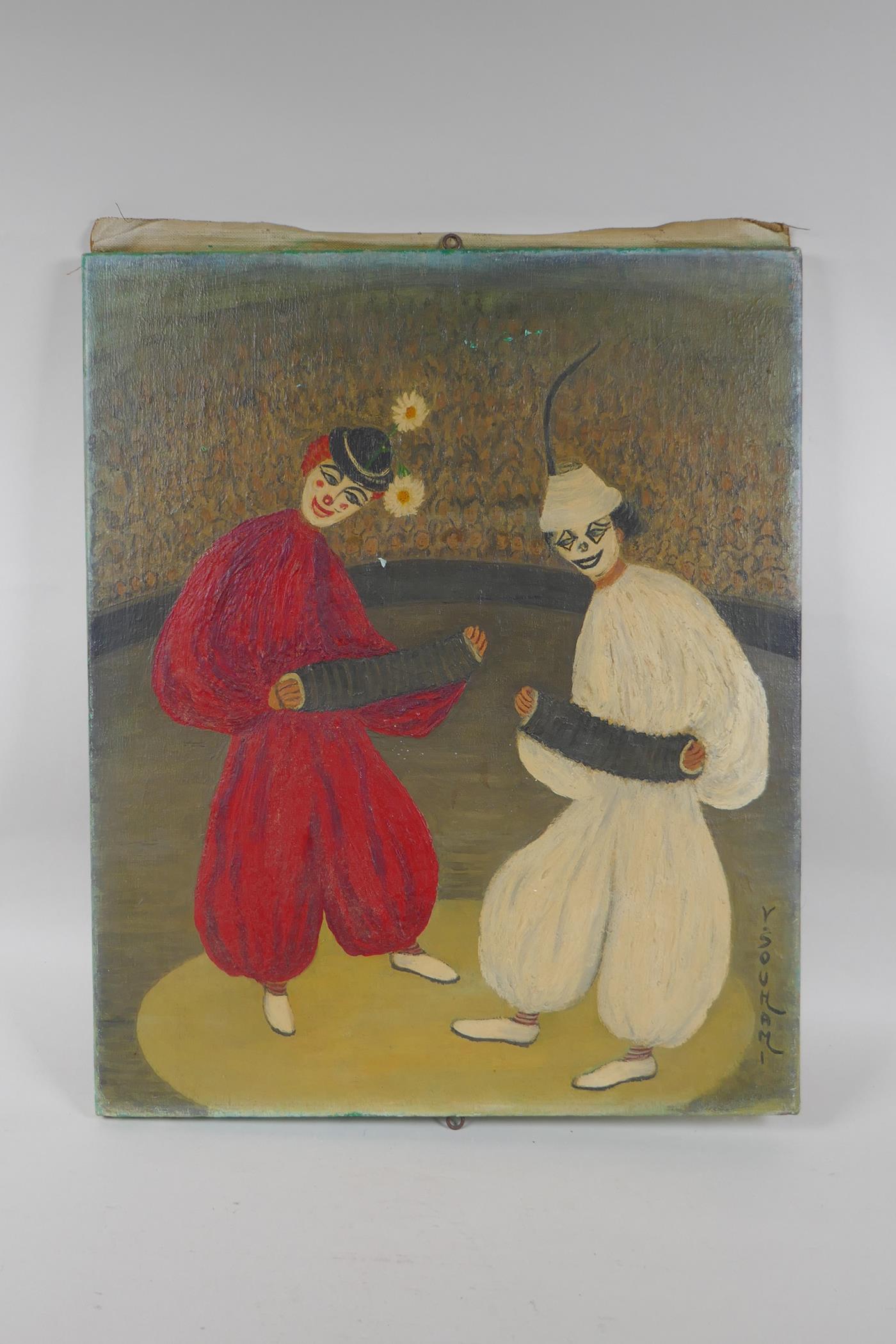 Violet Souhami, naive portrait of two clowns, oil on canvas, 38 x 46cm - Image 2 of 4