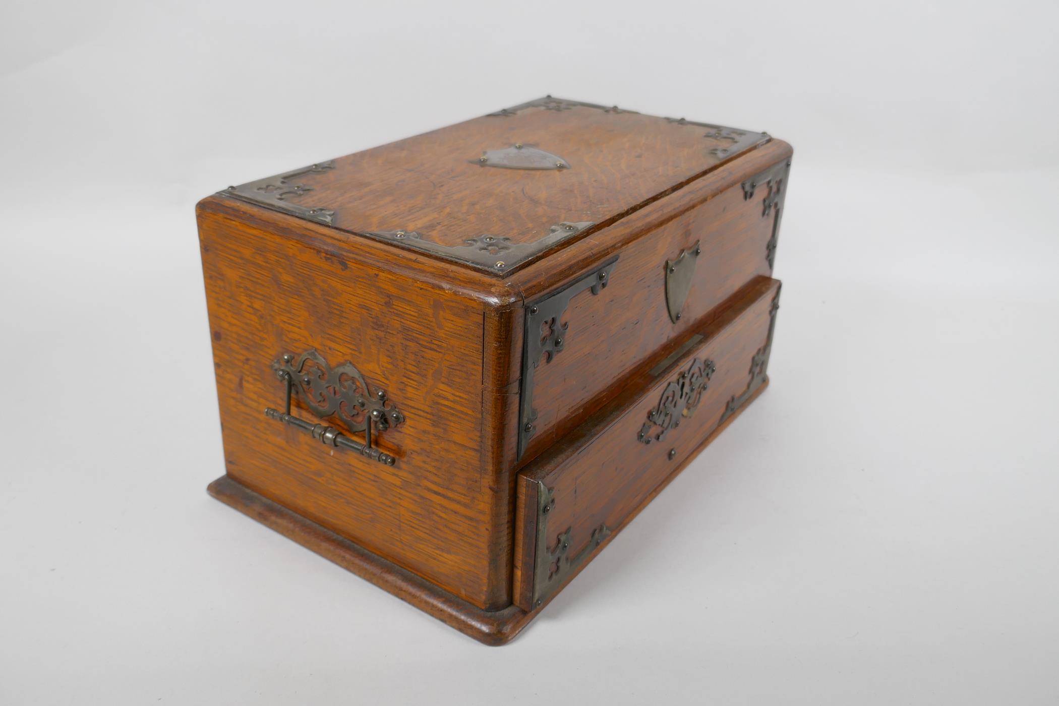 An antique oak smokers companion box with silver plated mounts, 33 x 20cm, 18cm high - Image 4 of 4