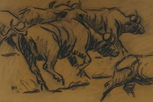 Bulls stampeding, monogrammed charcoal drawing, 37 x 56cm