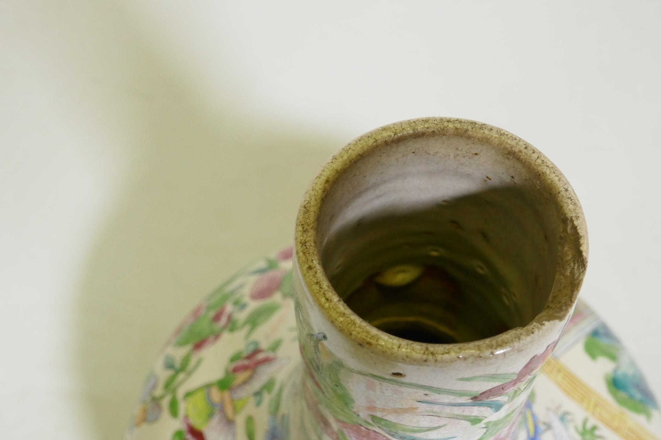 A Cantonese ceramic vase with famille rose decoration, drilled to side, chip to rim, probably - Image 11 of 11