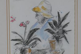 Portrait of a lady by potted plants, signed P. Procktor, pencil and watercolour, 18 x 21cm