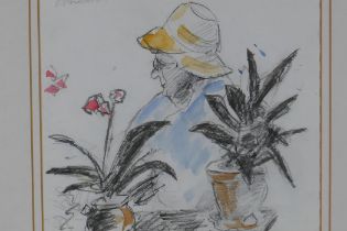 Portrait of a lady by potted plants, signed P. Procktor, pencil and watercolour, 18 x 21cm