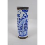 A Chinese blue and white crackleware cylinder vase with bronze style bands and decorated with a bird