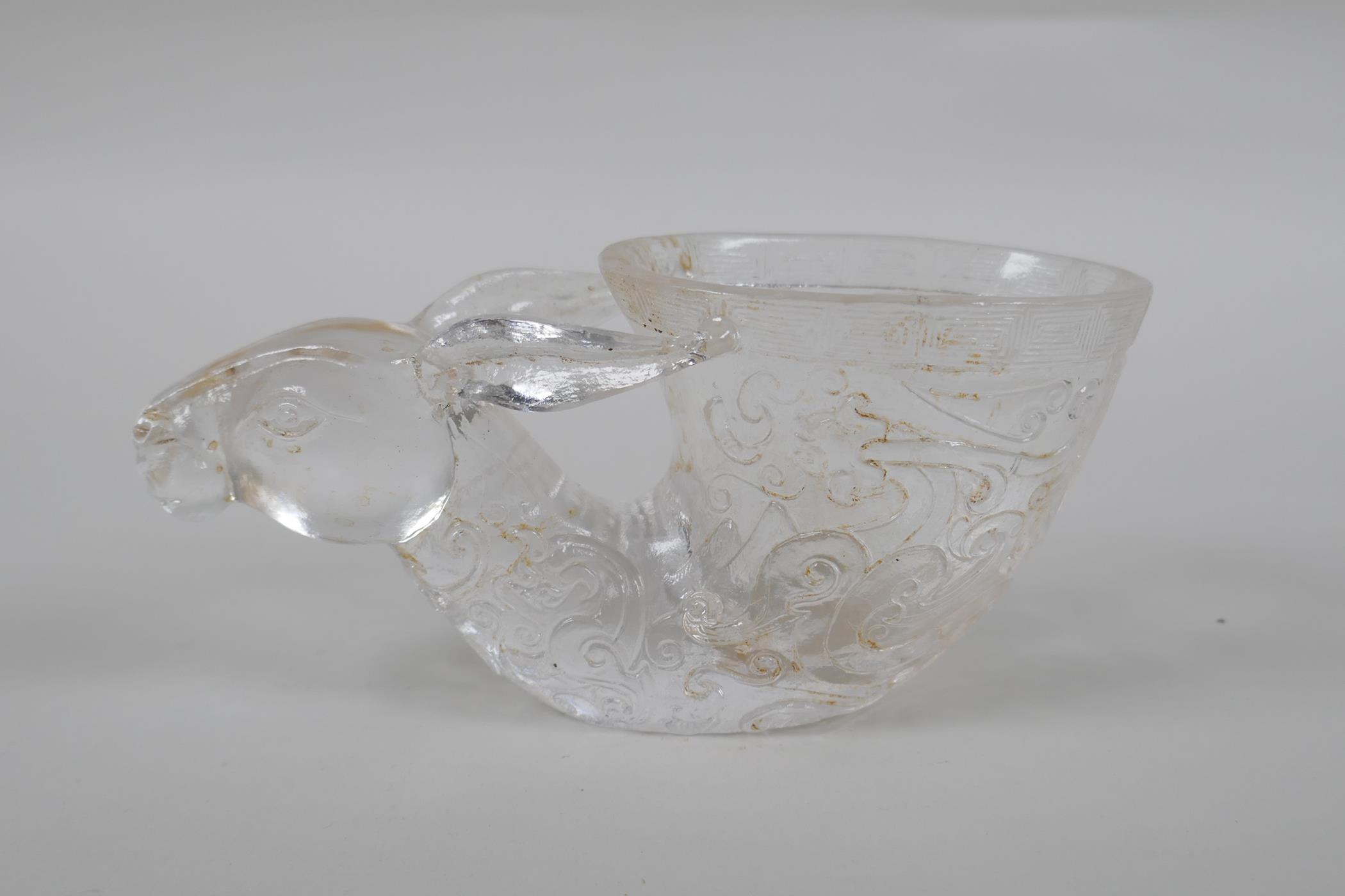 A Chinese moulded glass libation cup in the form of a deer's head, 15cm long - Image 2 of 2