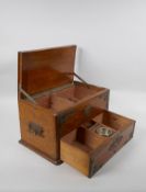 An antique oak smokers companion box with silver plated mounts, 33 x 20cm, 18cm high