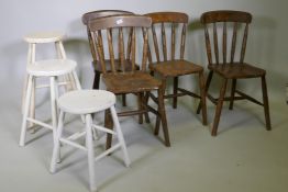Four Windsor stick back kitchen chairs with elm seats, and three painted stools