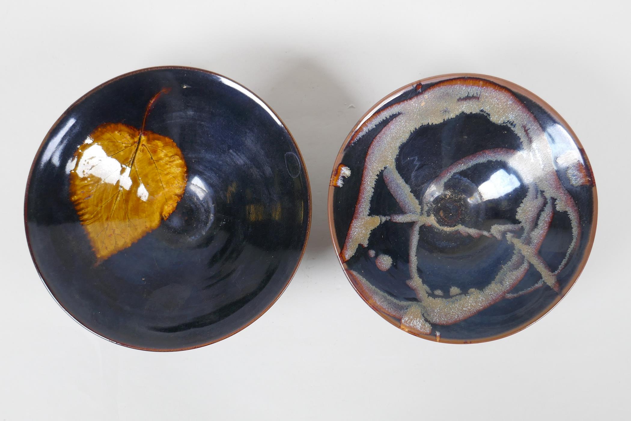 A Chinese Cizhou kiln conical bowl with leaf skeleton decoration, and another with splash glaze