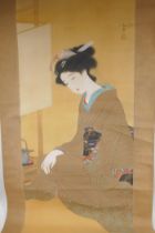 A Japanese printed scroll depicting a geisha, with hand painted details, 41 x 108cm, AF