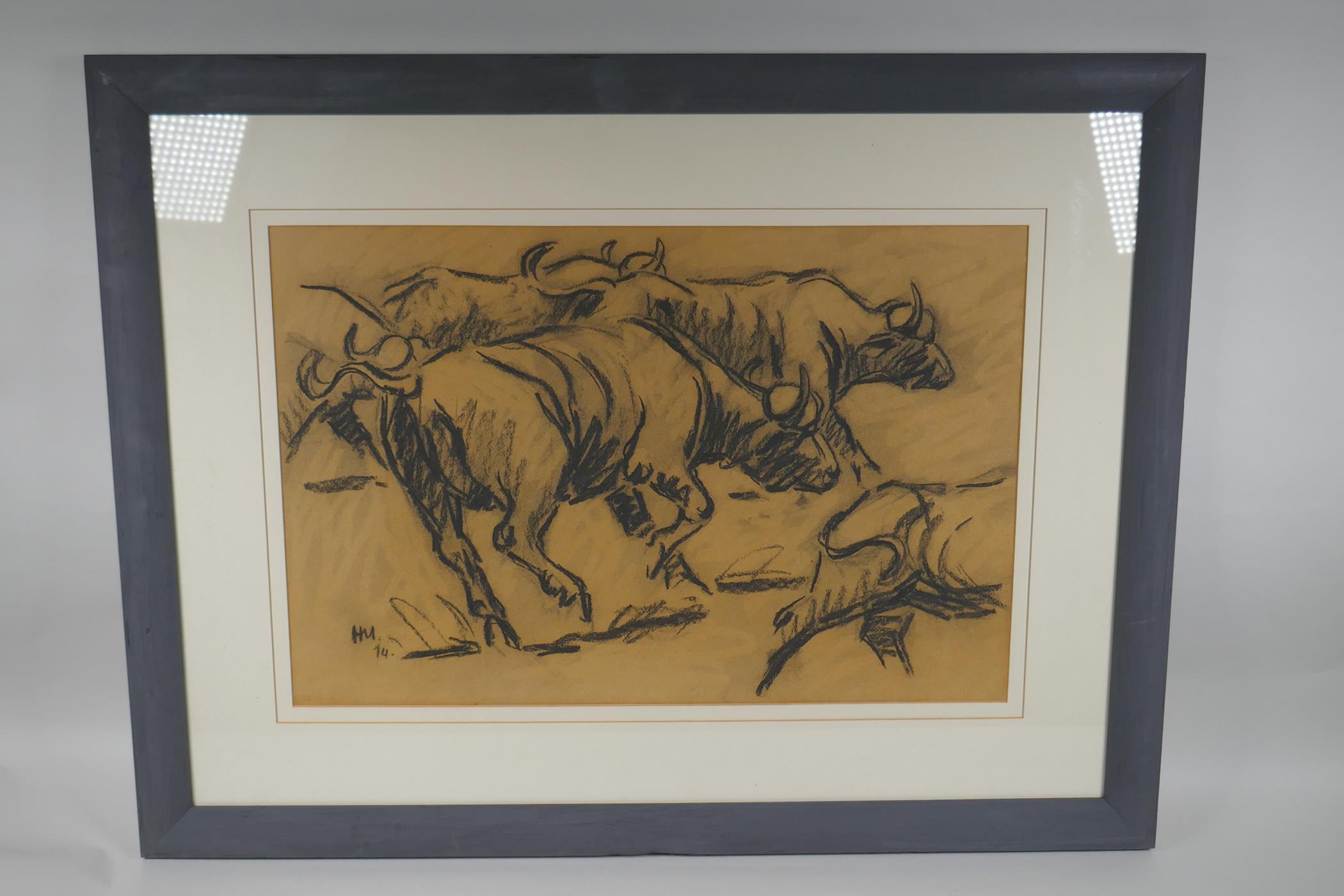 Bulls stampeding, monogrammed charcoal drawing, 37 x 56cm - Image 2 of 3