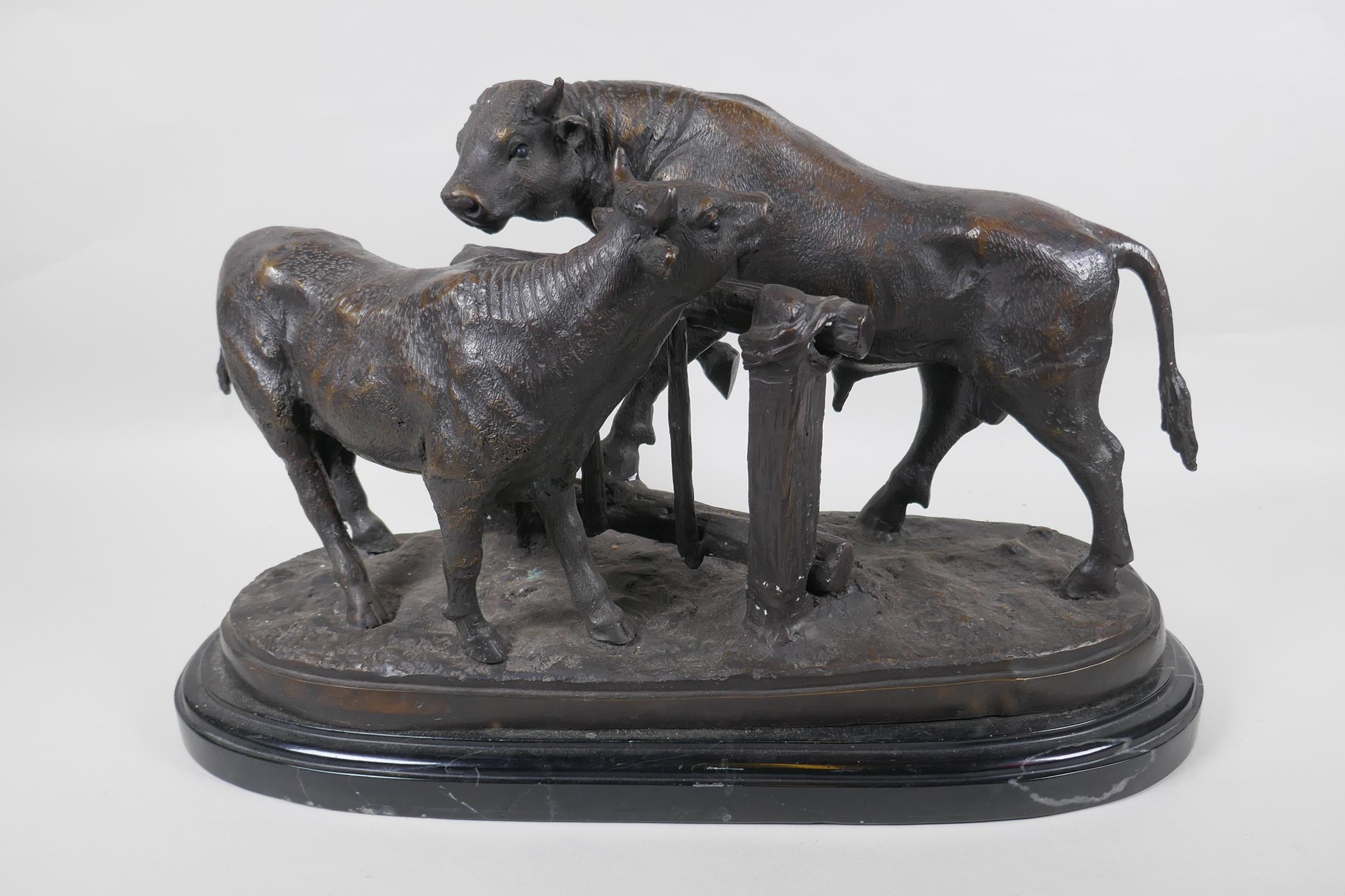 After Pierre-Jules Mene, (French 1810-1879), bronzed metal figure of a cow and bull, on a marble - Image 2 of 4