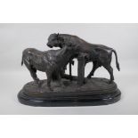 After Pierre-Jules Mene, (French 1810-1879), bronzed metal figure of a cow and bull, on a marble