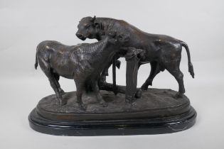 After Pierre-Jules Mene, (French 1810-1879), bronzed metal figure of a cow and bull, on a marble