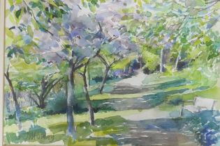 J.M. Storey, sunlit path, signed, watercolour, 30 x 22cm