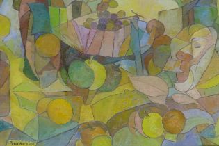 Peter Hart, abstract with fruit, signed and dated 2001, oil on canvas, 50 x 36cm