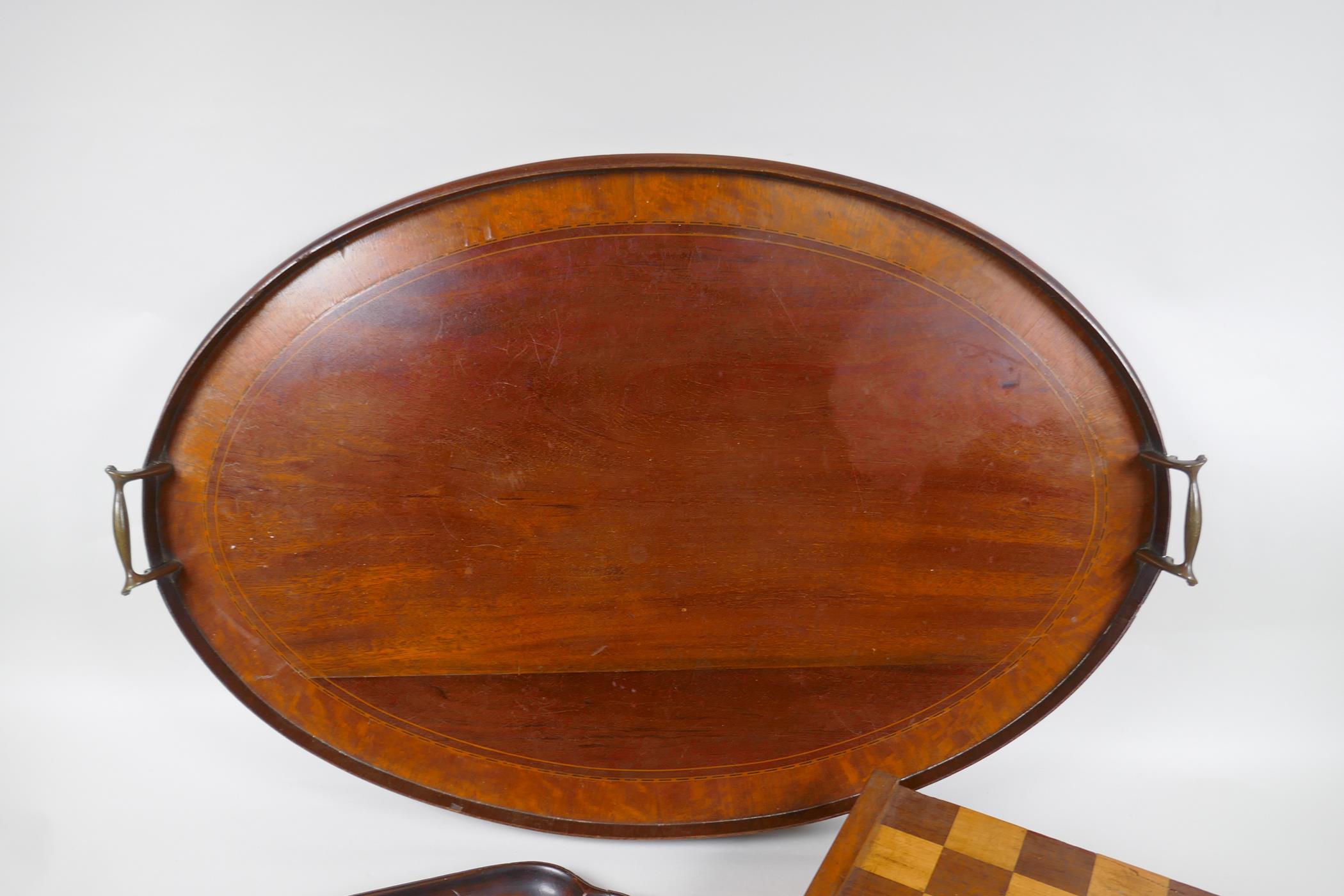 An antique inlaid mahogany oval serving tray, a smaller mahogany serving tray and a chess board, - Image 2 of 5