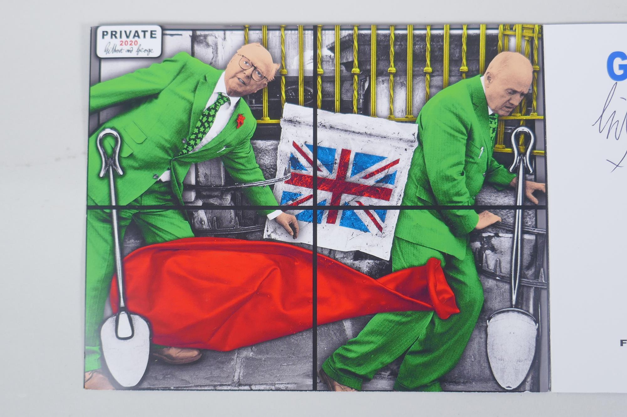 Gilbert & George, a signed postcard/flyer for the 2019 Harrow School exhibition, and a larger signed - Image 5 of 7