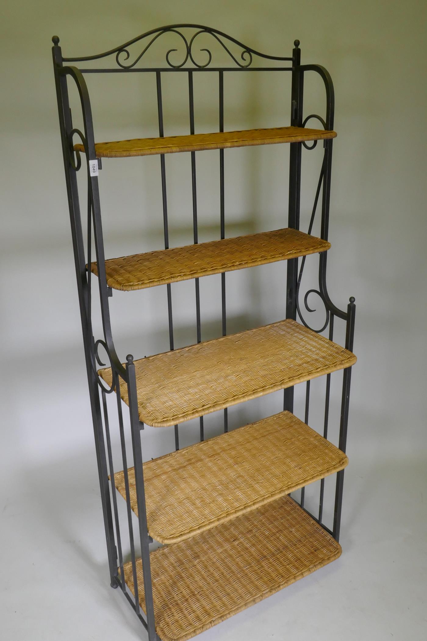 A folding metal pot rack with five wicker shelves, 80 x 42 x 186cm - Image 2 of 3