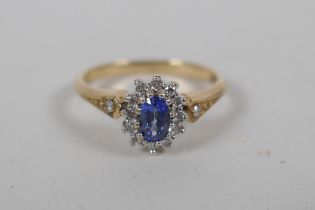 A 9ct gold, sapphire and diamond cluster ring, approx 0.1ct, approx size K