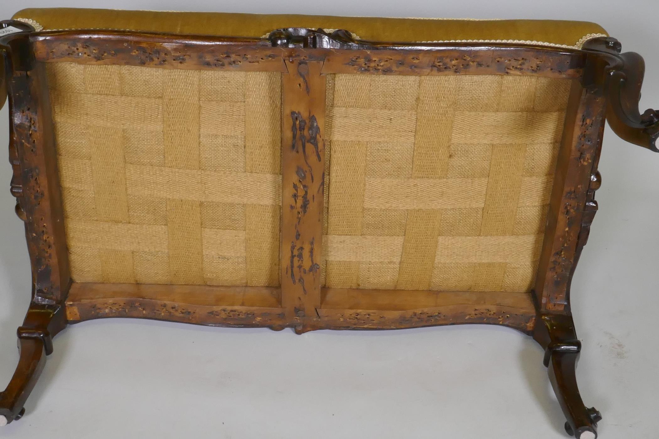 A C19th carved walnut stool with shaped frieze raised on cabriole supports with scroll feet, 82 x 50 - Image 4 of 4