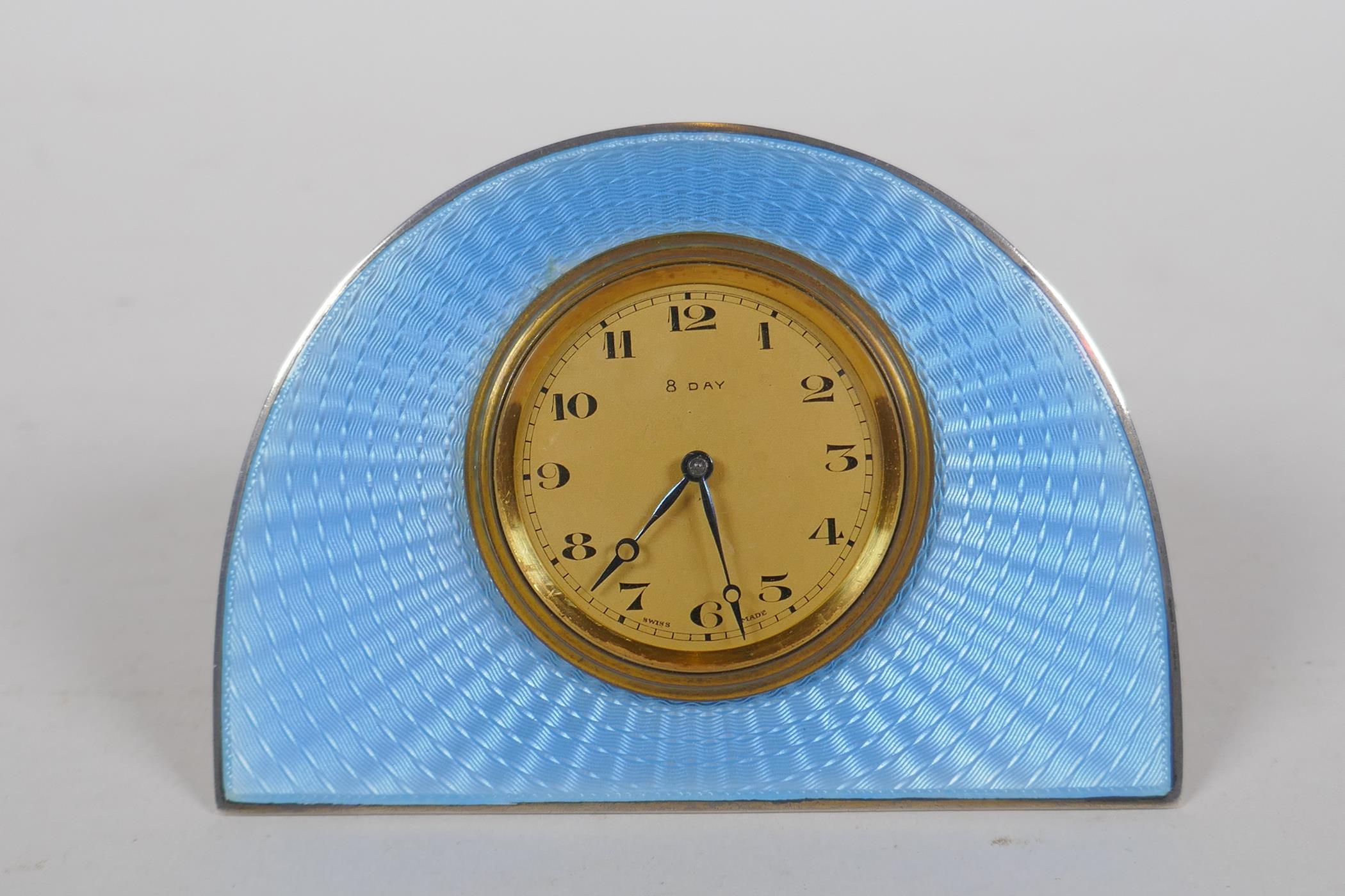 A French silver and guilloche enamel desk clock, fitted with a Swiss eight day movement, 10 x 7cm