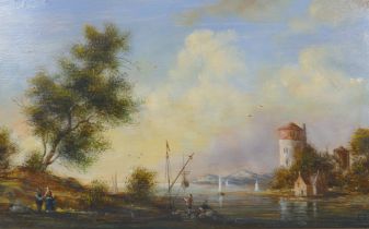 Landscape with figures by the water, a Dutch oil on panel, monogrammed, 44 x 27cm