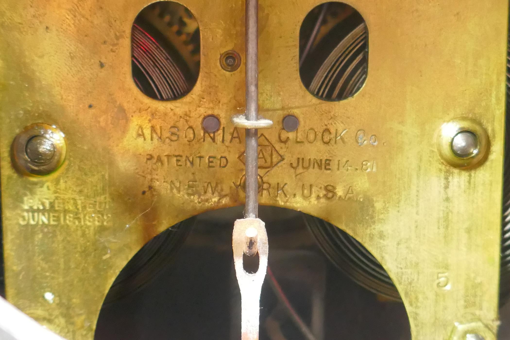 A late C19th American slate architectural mantel clock by Ansonia Clock Co, with an eight day - Image 5 of 5