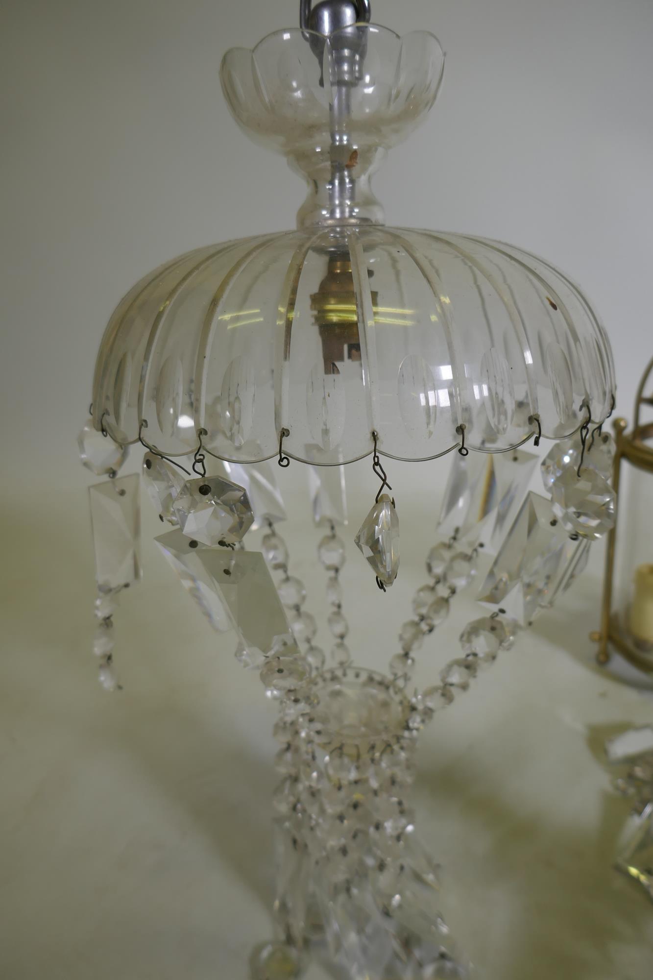 A pair of etched globe wall lights, a ceiling lantern, 35cm high, a pair of picture lights and two - Image 3 of 6