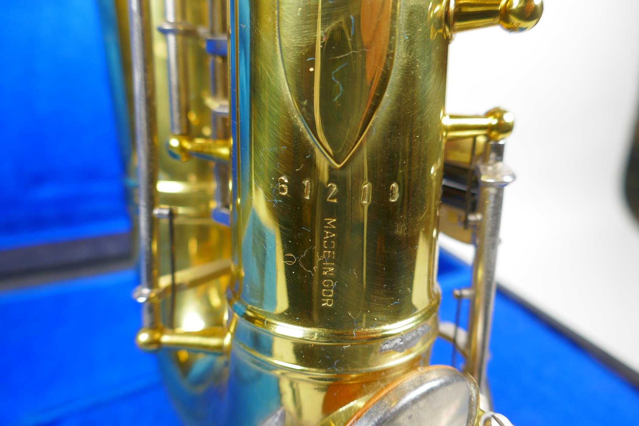 An East German 'Meister' brass saxophone, cased - Image 3 of 6