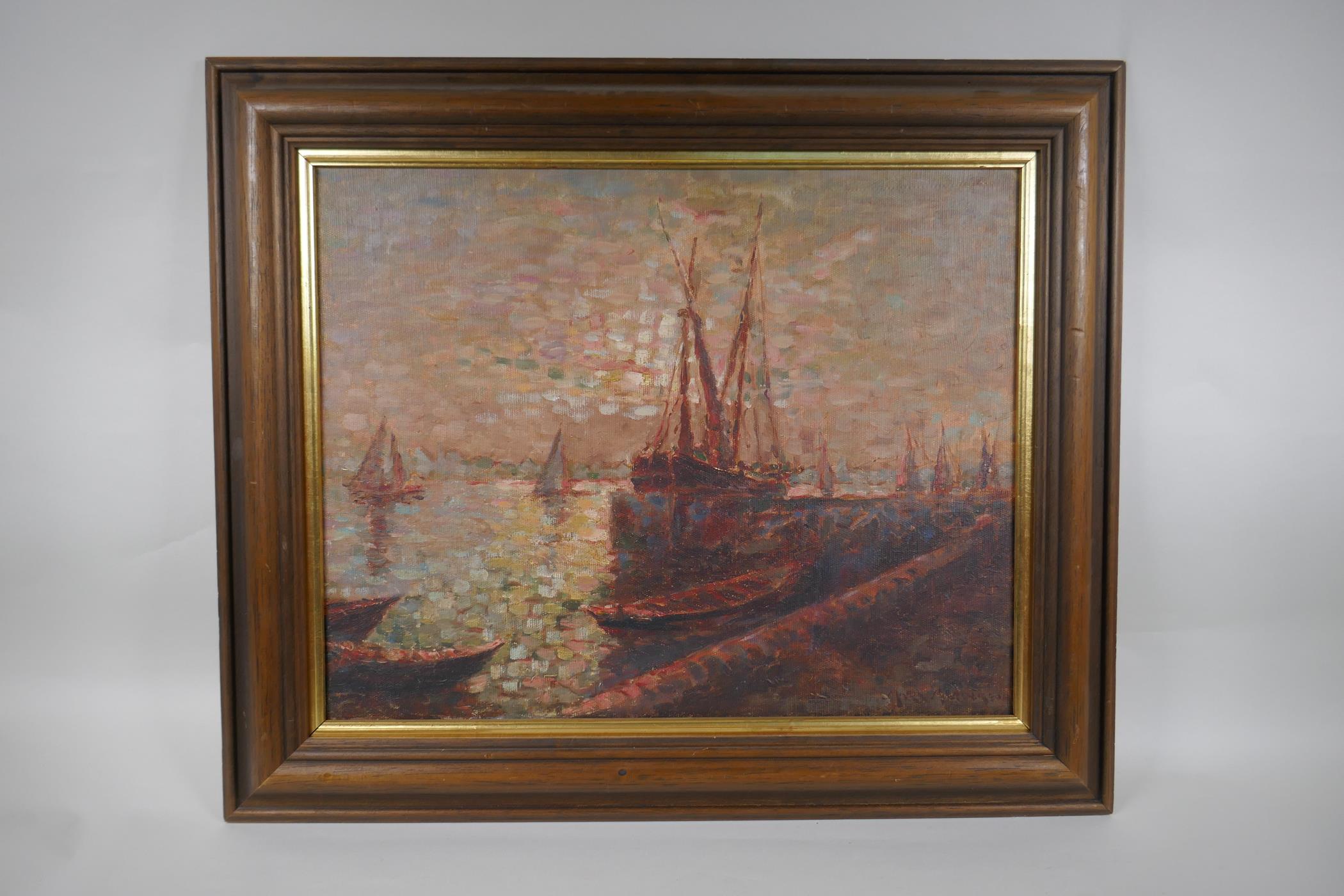 Mary Anderson, (American), boats in a harbour at sunset, signed, oil on canvas, 39 x 49cm - Image 2 of 5