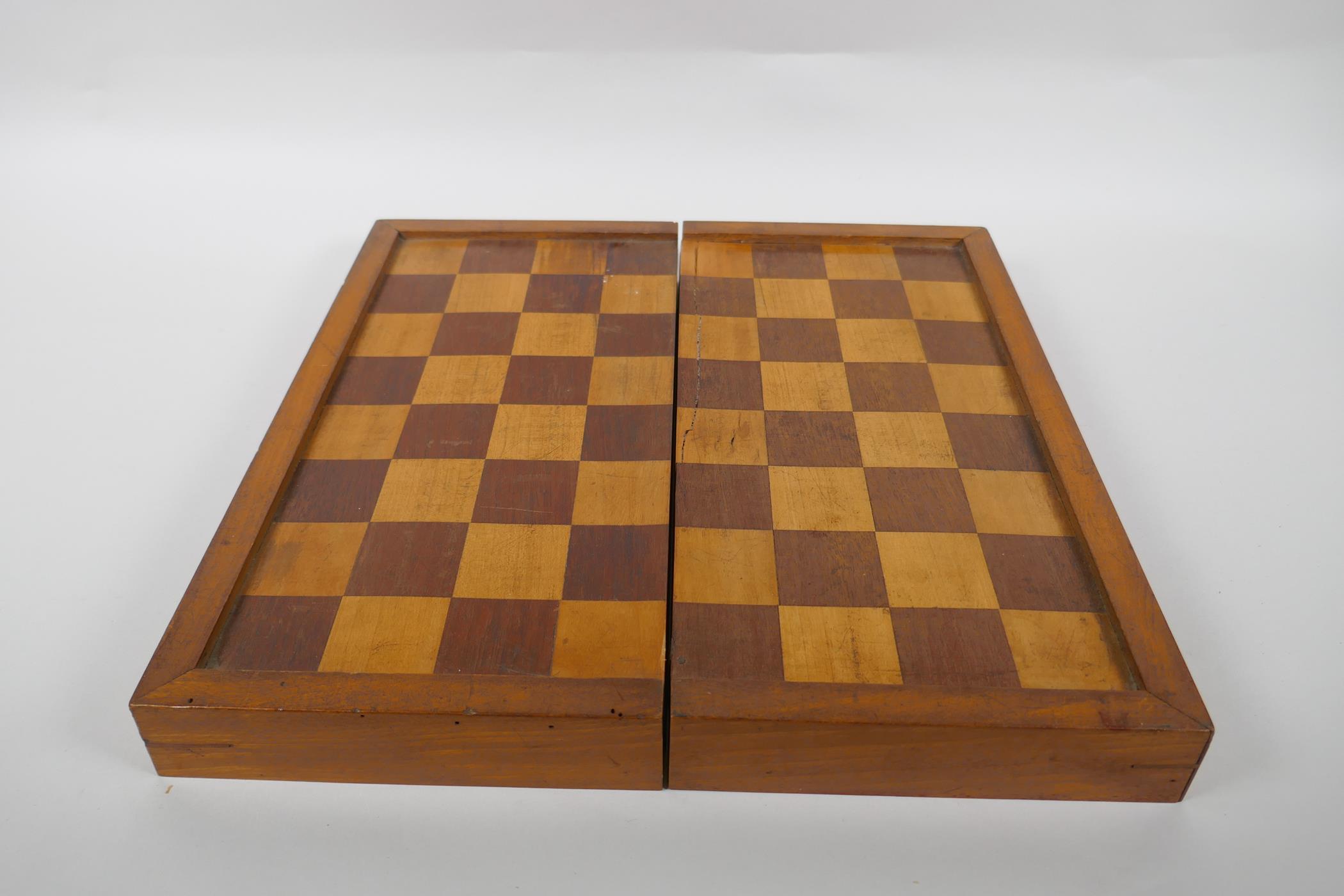 An antique inlaid mahogany oval serving tray, a smaller mahogany serving tray and a chess board, - Image 5 of 5