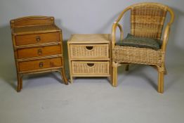 A wicker arm chair and two 2 drawer chests