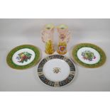 A pair of Royal Art Pottery style jugs and three collector's cabinet plates, 28cm diameter