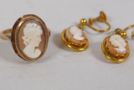 A 9ct gold cameo ring, size M, 4.3g, and a pair of 9ct gold cameo earrings